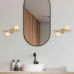 SIERRE Appliques|Applique murale art déco dorée, 2 globes blancs L 40 cm