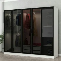 BYRON Armoires En Bois|Meubles De Chambre·Dressings|Armoire dressing design blanc 5 portes verre H 210 cm