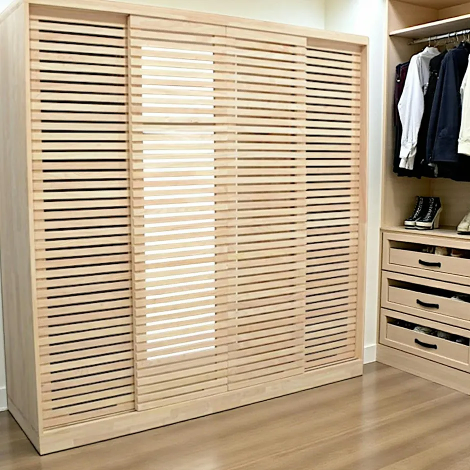 New Orléans Armoires Vintage|Armoires En Bois|Armoire Hévéa 4 portes coulissantes Persiennes 200x60x200cm NEW ORLEANS