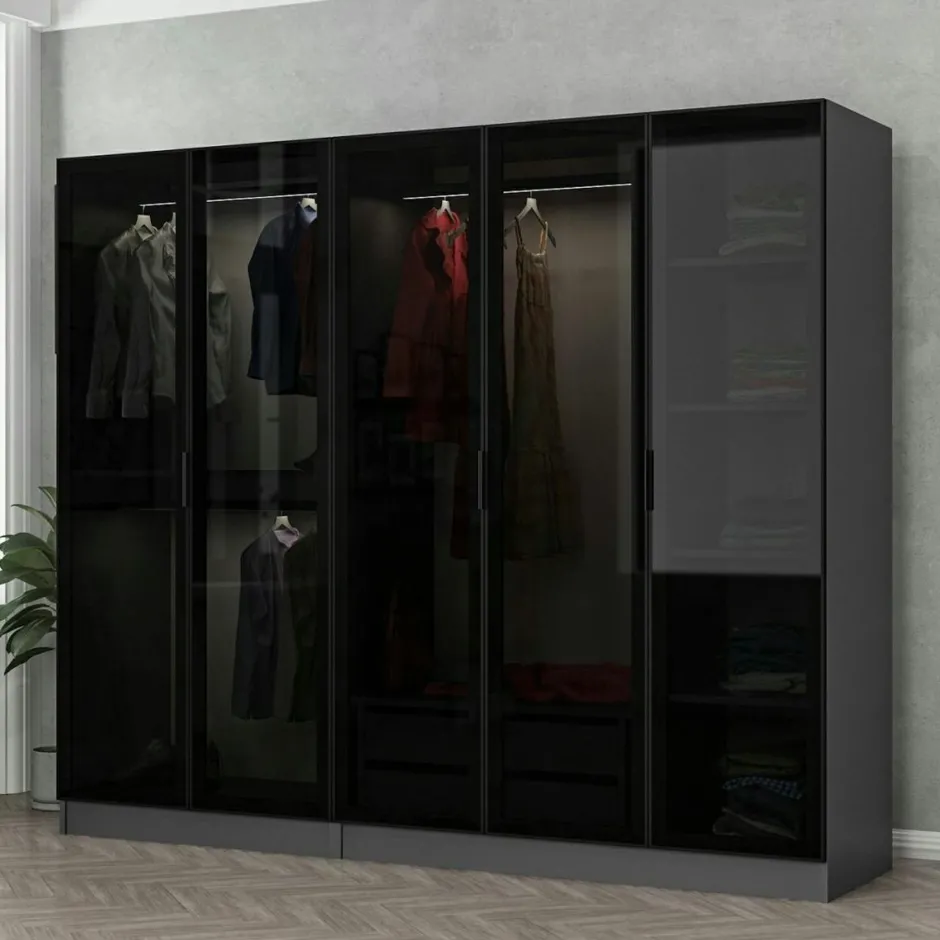 BYRON Armoires En Bois|Meubles De Chambre·Dressings|Armoire penderie 5 portes verre et cadre effet noyer