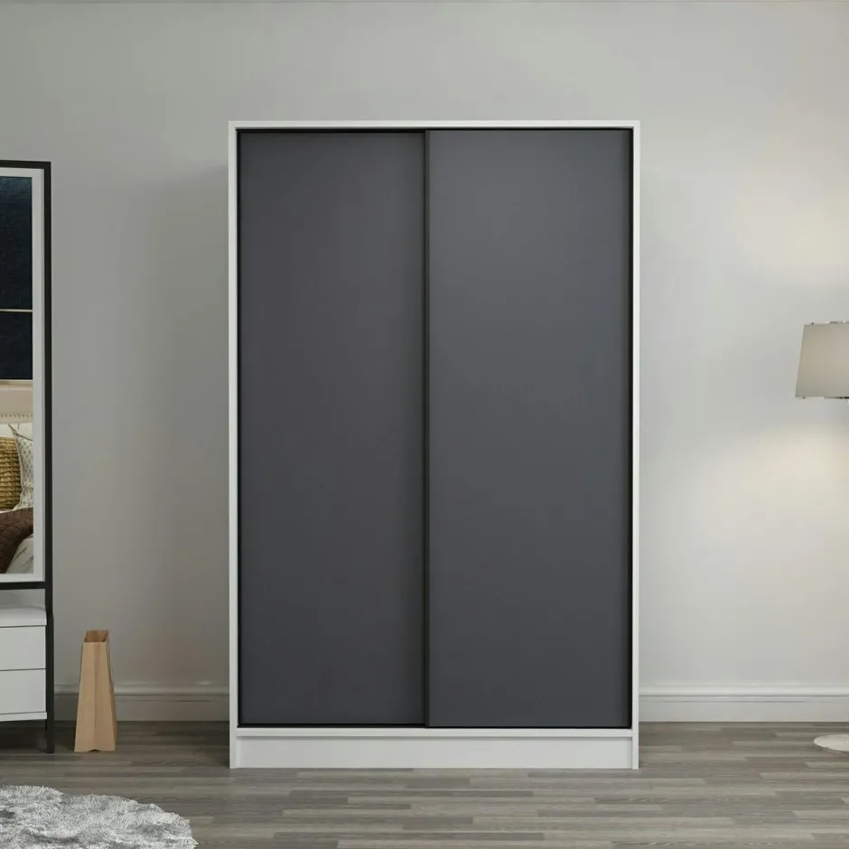 BYRON Armoires En Bois|Meubles De Chambre·Dressings|Armoire penderie blanche - portes coulissantes grises