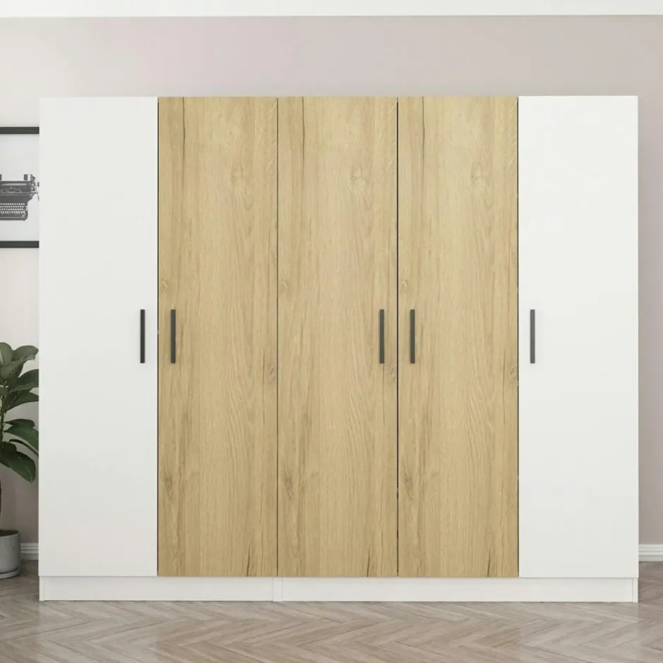 BYRON Armoires En Bois|Meubles De Chambre·Dressings|Armoire penderie blanche, 3 portes effet bois 3 portants