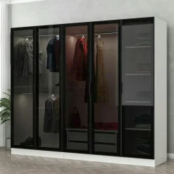 BYRON Armoires En Bois|Meubles De Chambre·Dressings|Armoire penderie blanche 5 portes verre 2 tiroirs