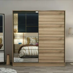 BYRON Armoires En Bois|Meubles De Chambre·Dressings|Armoire penderie coulissante effet bois et miroir