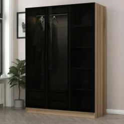 BYRON Armoires En Bois|Meubles De Chambre·Dressings|Armoire penderie design effet bois, 3 portes vitrées