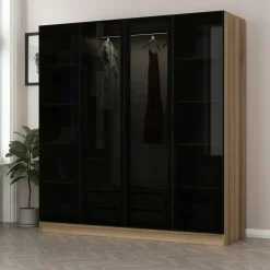 BYRON Armoires En Bois|Meubles De Chambre·Dressings|Armoire penderie design effet bois 4 portes verre H 210 cm