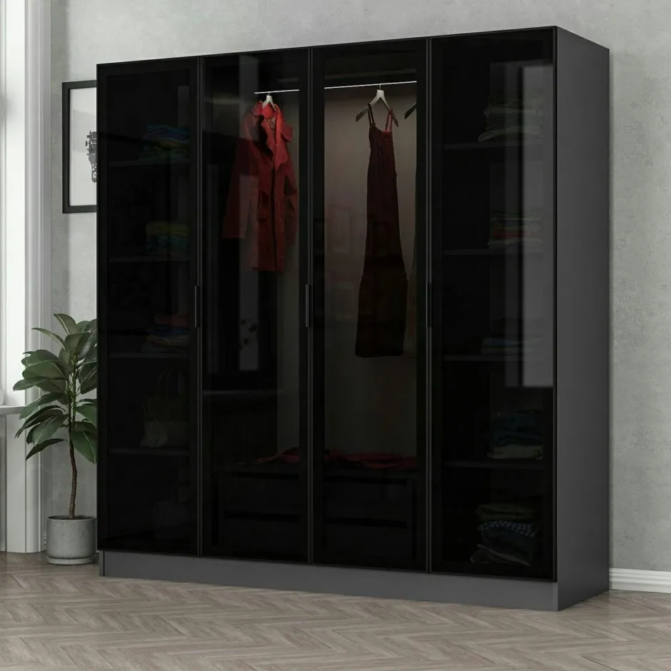 BYRON Armoires En Bois|Meubles De Chambre·Dressings|Armoire penderie design gris 4 portes vitrées H 190 cm