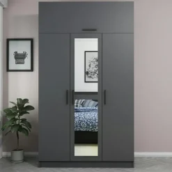 BYRON Armoires En Bois|Meubles De Chambre·Dressings|Armoire penderie grise 4 portes et 2 miroirs