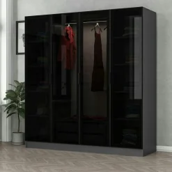 BYRON Armoires En Bois|Meubles De Chambre·Dressings|Armoire penderie grise 4 portes verre H 210 cm