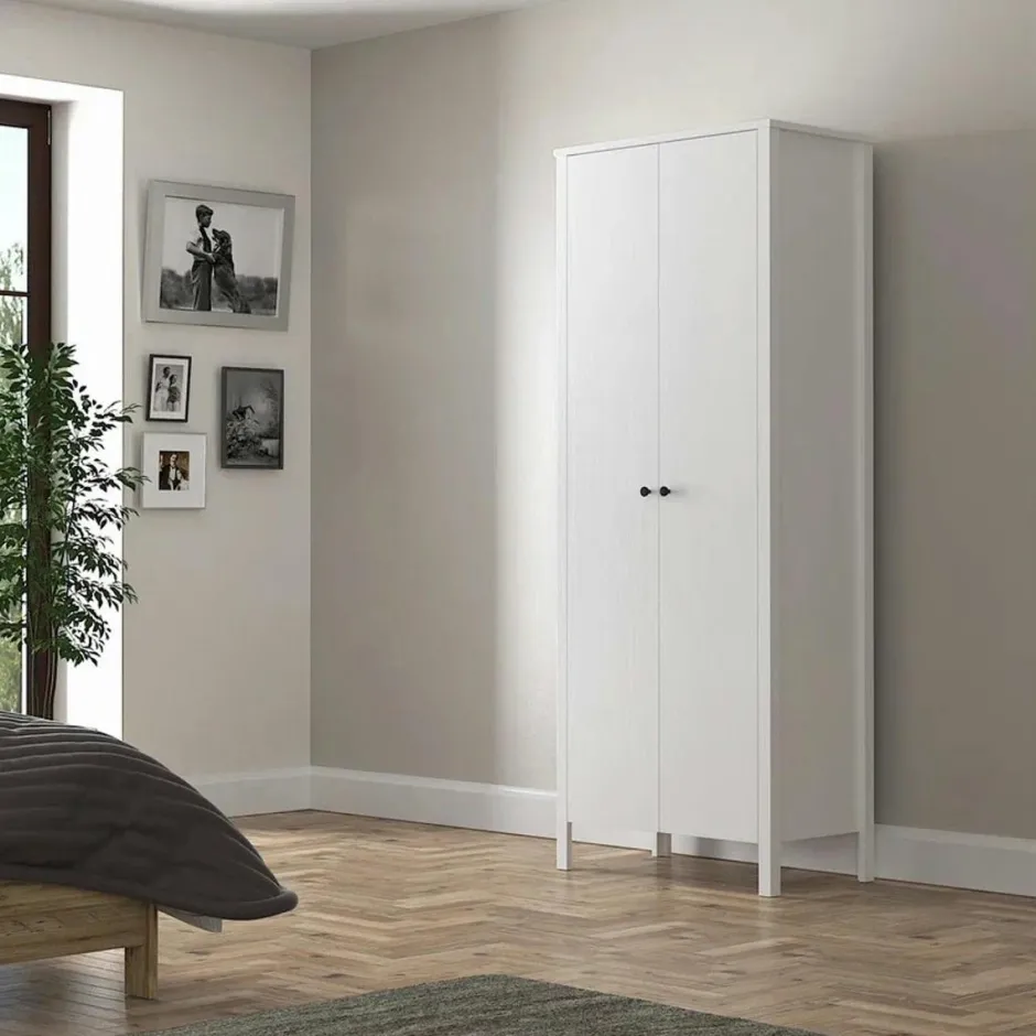 BYRON Armoires En Bois|Armoire étroite blanche 2 portes, 10 étagères