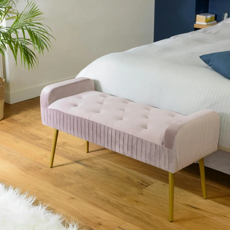 TIM Meubles De Chambre·Bouts De Lit|Banc de lit en velours rose et pieds dorés