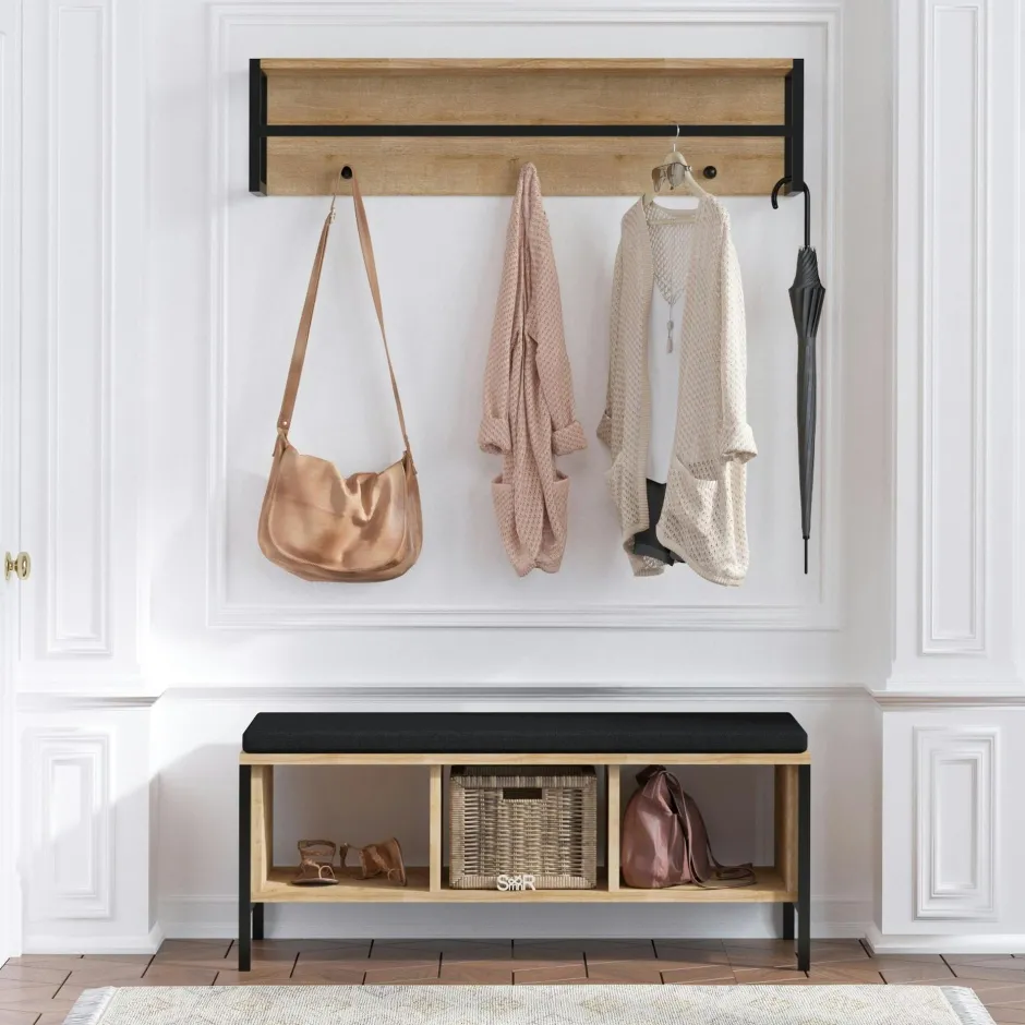 JENA Meubles D'Entrée·Portemanteaux|Meubles D'Entrée·Vestiaires|Banc d'entrée noir avec rangement et portemanteau MARFA