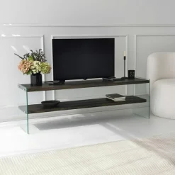 LHASA Meubles Tv En Bois|Banc TV bois anthracite et verre - 2 niveaux, 140 cm