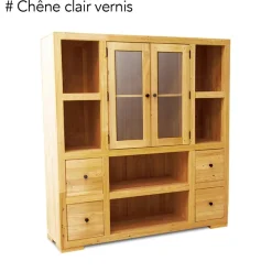 Olga Bibliothèques En Bois|Bibliothèques En Bois|Bibliothèque / Vaisselier Hévéa 2 portes vitrées et bois, 2 tiroirs, 6 niches 130x40x140cm