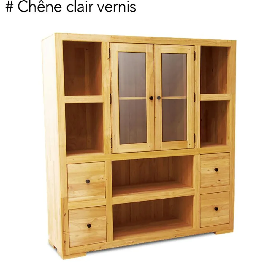 Olga Bibliothèques En Bois|Bibliothèques En Bois|Bibliothèque / Vaisselier Hévéa 2 portes vitrées et bois, 2 tiroirs, 6 niches 130x40x140cm
