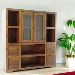 Olga Bibliothèques En Bois|Bibliothèques En Bois|Bibliothèque / Vaisselier Hévéa 2 portes vitrées et bois, 2 tiroirs, 6 niches 130x40x140cm