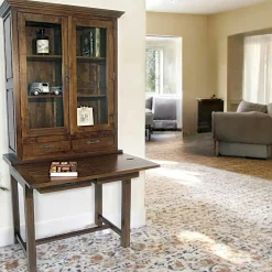 Tradition Bibliothèques En Bois|Bibliothèques En Bois|Bibliothèque Bureau Hévéa 2 portes vitrées, 2 tiroirs 95x55x190cm