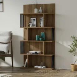 UMEA Bibliothèques En Bois|Bibliothèques En Bois|Bibliothèque design effet bois noyer niches asymétriques