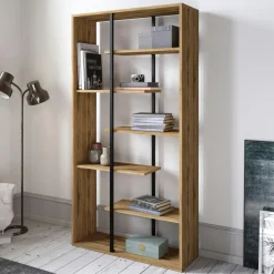 JENA Bibliothèques En Métal|Bibliothèques En Métal|Bibliothèque moderne effet noyer et baguettes noires