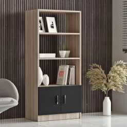 MARFA Bibliothèques En Bois|Bibliothèques En Bois|Bibliothèque moderne effet noyer avec portes grises