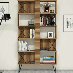 JENA Bibliothèques En Métal|Bibliothèques En Métal|Bibliothèque moderne effet noyer à croisillons noirs