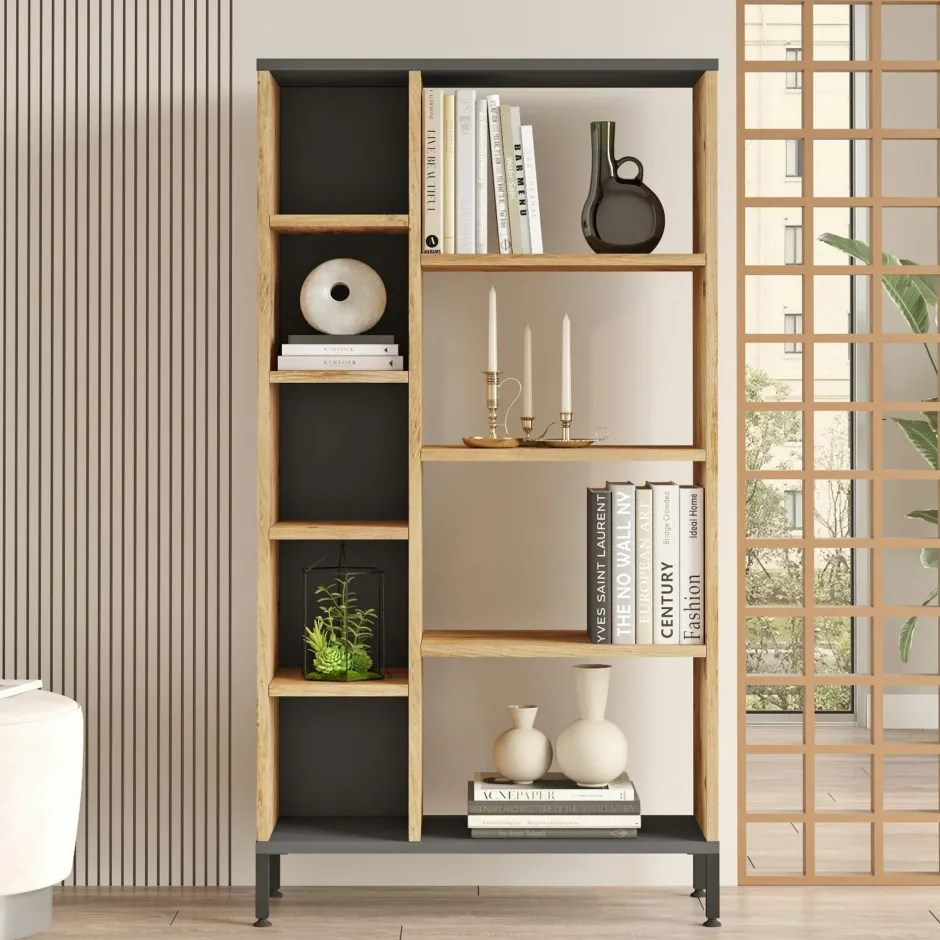 JENA Bibliothèques En Métal|Bibliothèques En Métal|Bibliothèque moderne gris foncé et effet pin MARFA