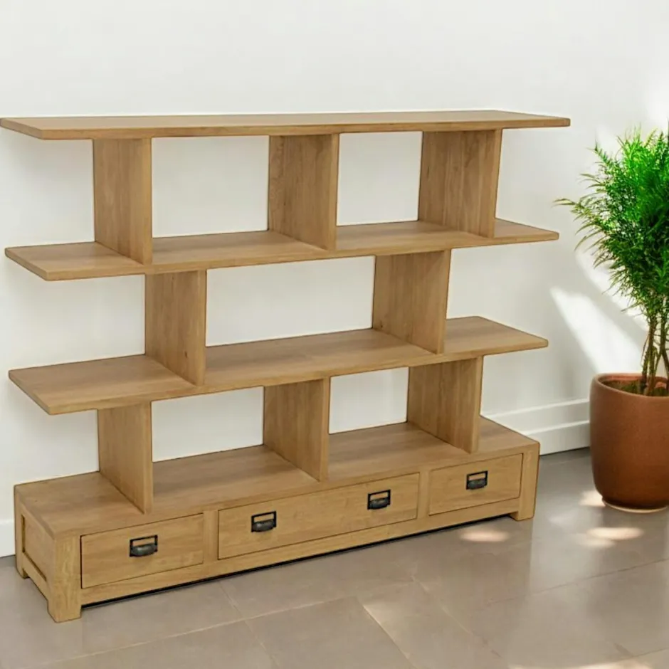 Helena Bibliothèques En Bois|Bibliothèques En Bois|Bibliothèque ouverte Hévéa 3 étagères compartimentées, 3 tiroirs 160x35xH126