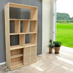 New Orléans Bibliothèques En Bois|Bibliothèques En Bois|Bibliothèque ouverte Hévéa 2 portes coulissantes Persiennes, 6 niches 100x35x190cm NEW ORLEANS