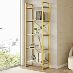 JENA Bibliothèques En Métal|Bibliothèques En Métal|Bibliothèque salon chic effet marbre blanc et métal doré