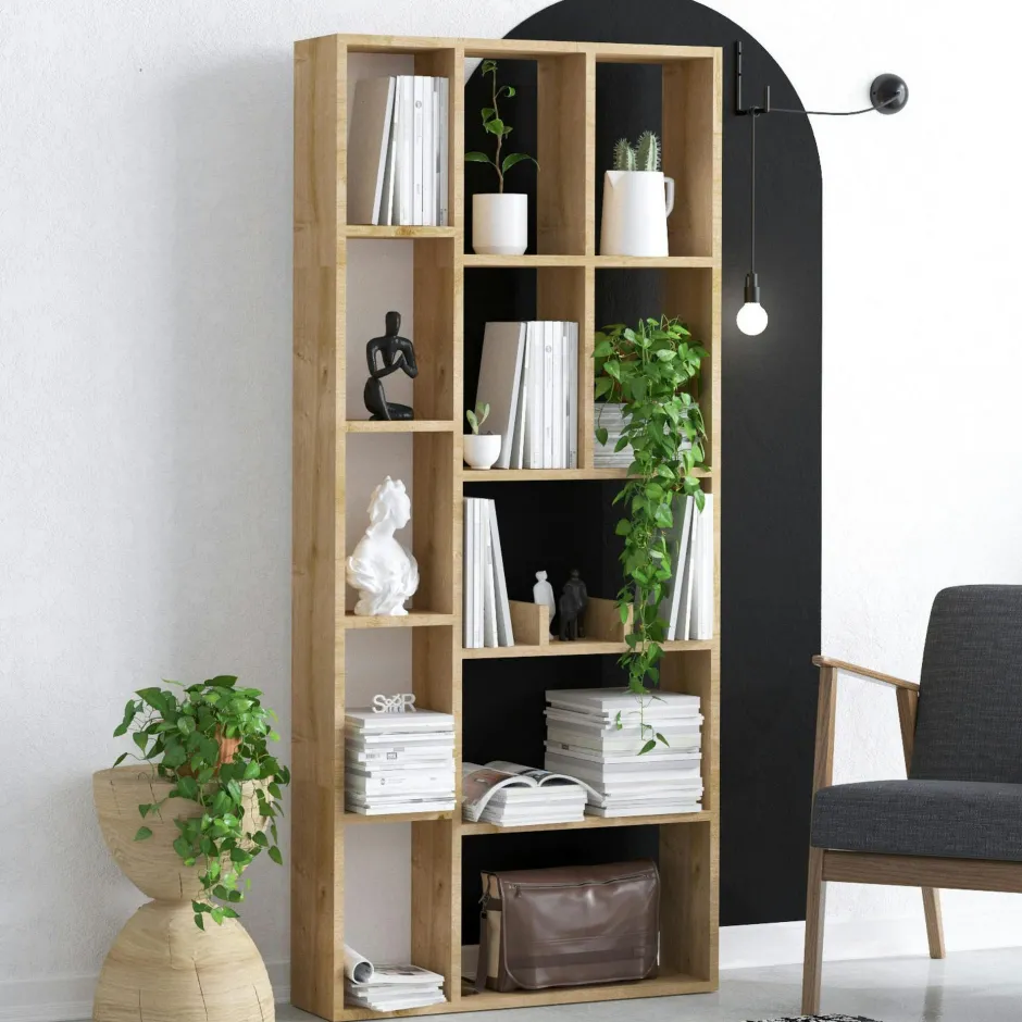 MARFA Bibliothèques En Bois|Bibliothèques En Bois|Bibliothèque salon effet bois clair 12 niches