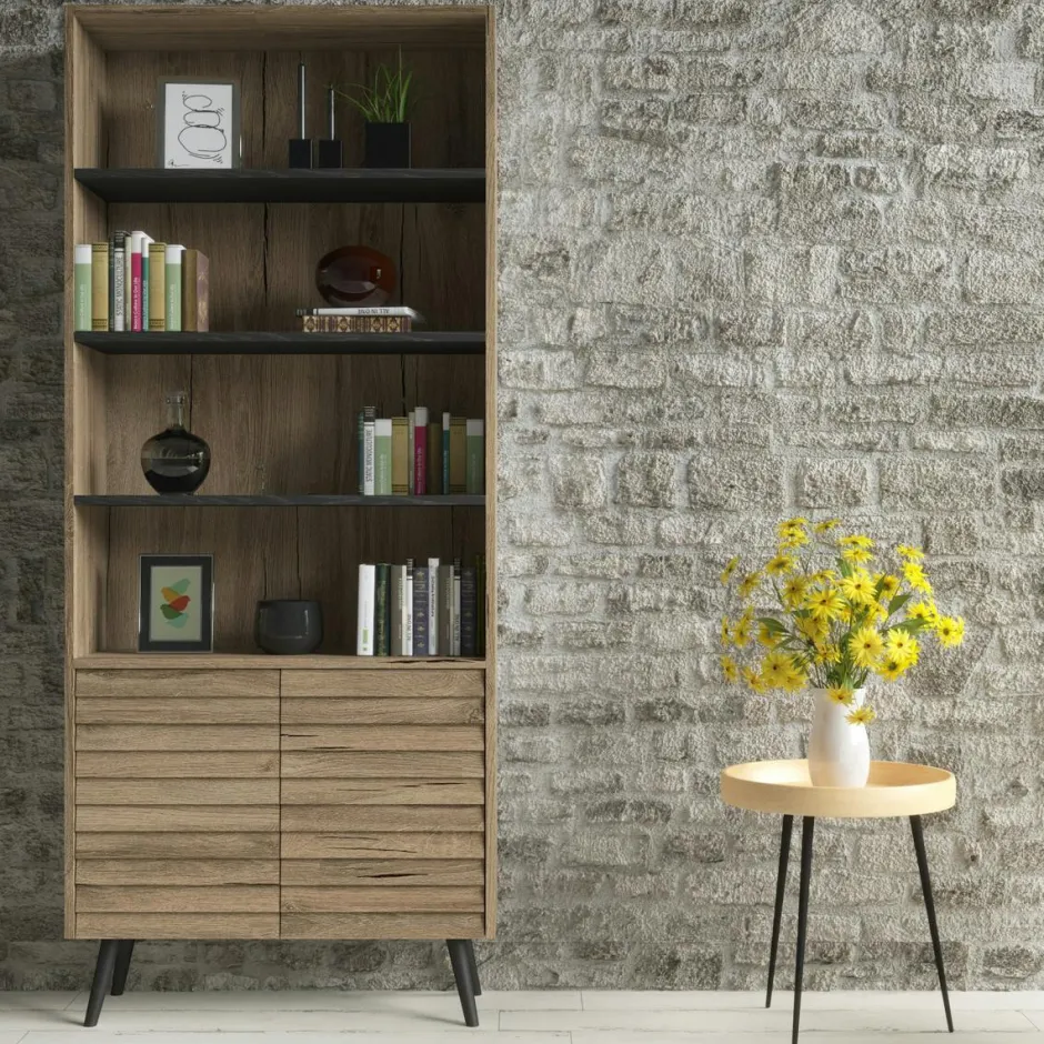 MARFA Bibliothèques En Bois|Bibliothèques En Bois|Bibliothèque salon effet noyer, 2 portes sculptées