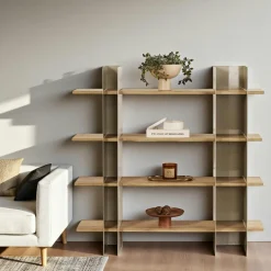 JENA Bibliothèques En Métal|Bibliothèques En Métal|Bibliothèque étagère moderne 4 plateaux - niches taupes