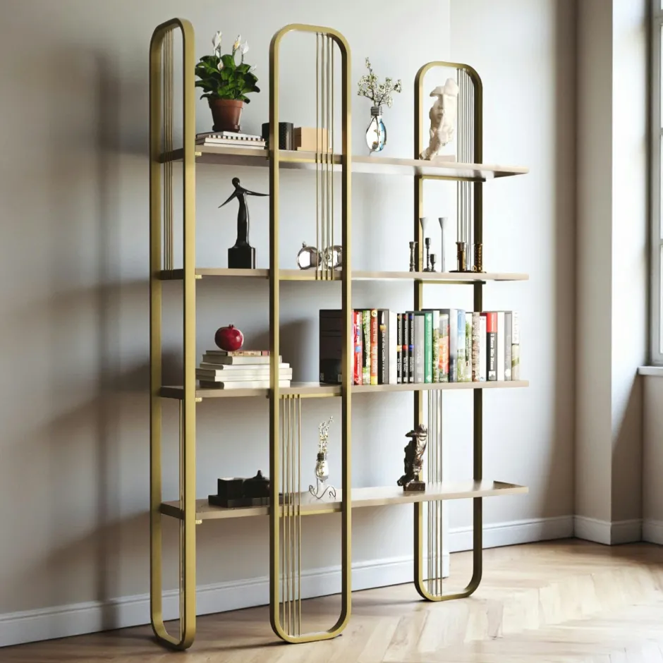 JENA Bibliothèques En Métal|Bibliothèques En Métal|Bibliothèque étagère moderne 4 plateaux - finition dorée