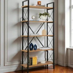 JENA Bibliothèques En Métal|Bibliothèques En Métal|Bibliothèque étagère noire, 5 plateaux effet pin