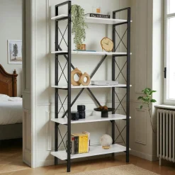 JENA Bibliothèques En Métal|Bibliothèques En Métal|Bibliothèque étagère noire, 5 plateaux blancs