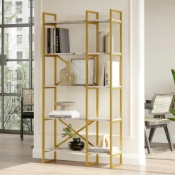 JENA Bibliothèques En Métal|Bibliothèques En Métal|Bibliothèque étroite effet marbre blanc montants dorés