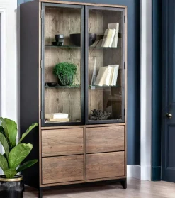 HUDSON Bibliothèques En Métal|Bibliothèques En Métal|Bibliothèque vitrine chêne massif