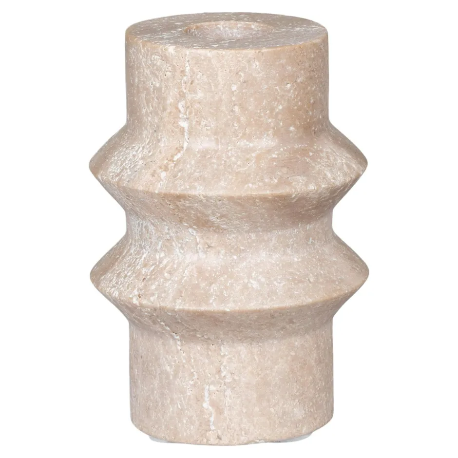 Objets Décoration·Lanternes / Photophores|Bougeoir en travertin naturel - silhouette graphique à reliefs