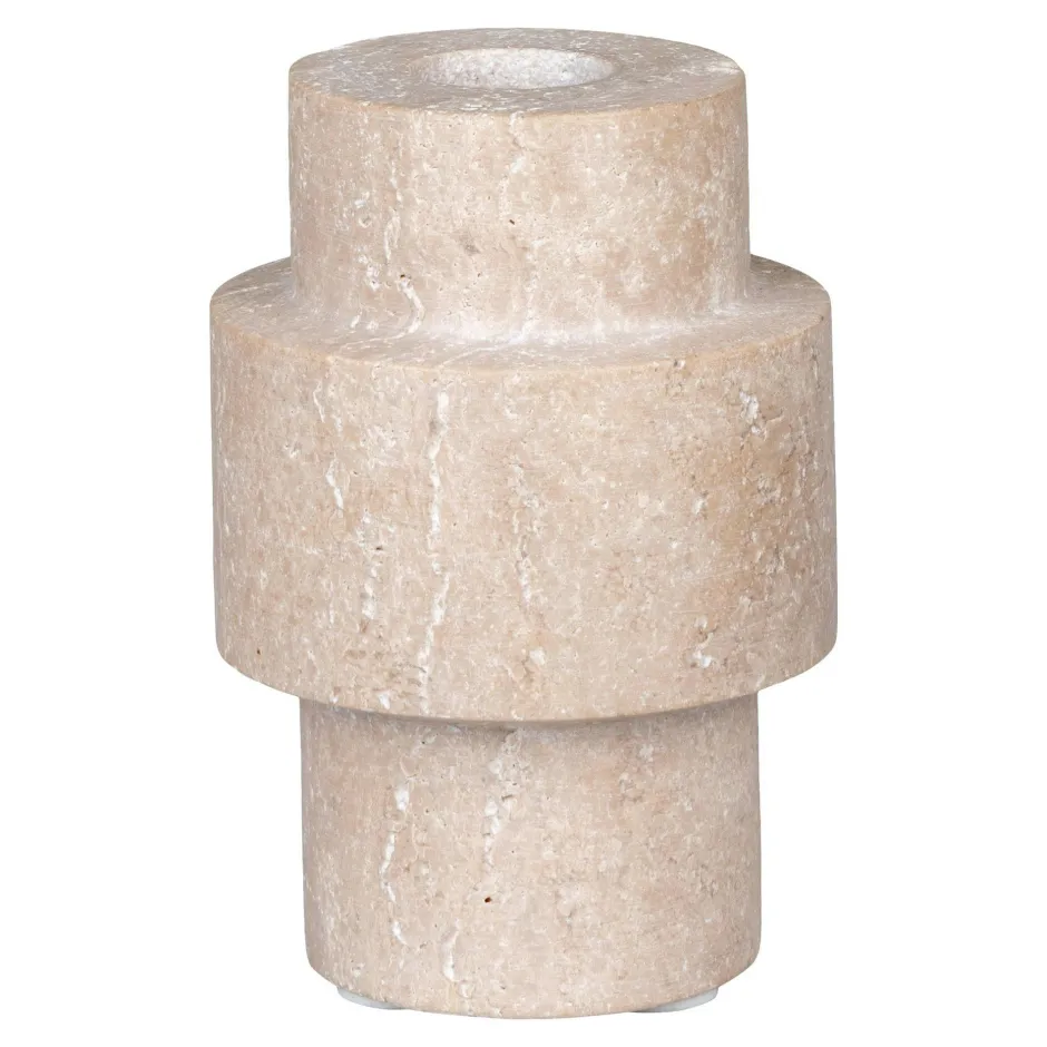 Objets Décoration·Lanternes / Photophores|Bougeoir en travertin naturel - silhouette graphique à reliefs