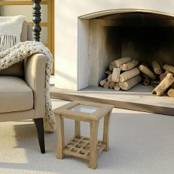 Maori Bouts De Canapé En Bois|Bout de canapé ajouré Hévéa double plateaux - 1 vitré, 1 à croisillons - 50x50x56cm