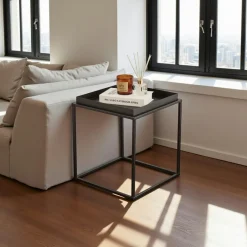 SFAX Bouts De Canapé En Métal|Tables Basses Carrées|Bout de canapé cube blanc cassé – plateau mobile