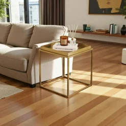 SFAX Bouts De Canapé En Métal|Tables Basses Carrées|Bout de canapé cube doré – plateau mobile, style design
