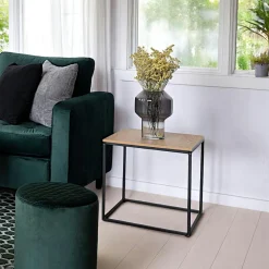 TALLINN Bouts De Canapé En Métal|Bouts De Canapé En Bois|Bout de canapé cube noir - plateau effet chêne clair