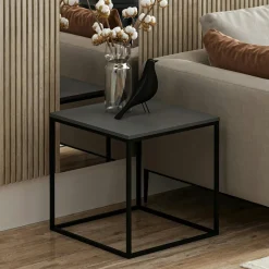 JENA Bouts De Canapé En Métal|Bouts De Canapé En Bois|Bout de canapé cube, plateau gris foncé pieds métal