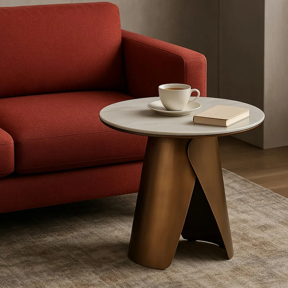 SEMPIONE Bouts De Canapé En Métal|Tables Basses Rondes|Bout de canapé en céramique blanche