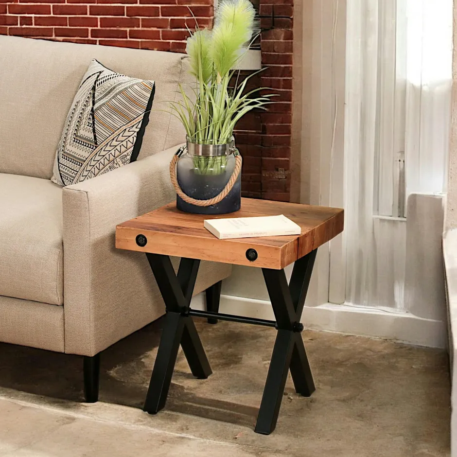 CALGARY Bouts De Canapé En Métal|Bouts De Canapé En Bois|Bout de canapé industriel en bois recyclé