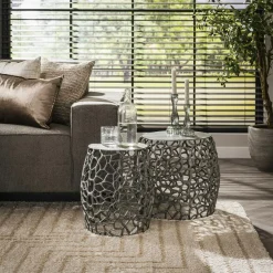 Sellettes En Métal|Tables D'Appoint Rondes|Bout de canapé nickel noir aluminium motifs ajourés (2 pièces)