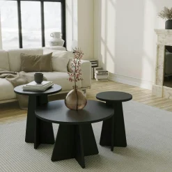 MARFA Tables Basses Gigognes|Tables Basses Rondes|Bout de canapé noir pieds trapèze - 2 pièces