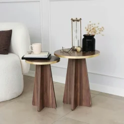 MARFA Tables Basses Gigognes|Tables Basses Rondes|Bout de canapé noir pieds trapèze - 2 pièces