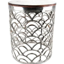 Bouts De Canapé En Métal|Bouts De Canapé En Bois|Bout de canapé rond alu plateau bois